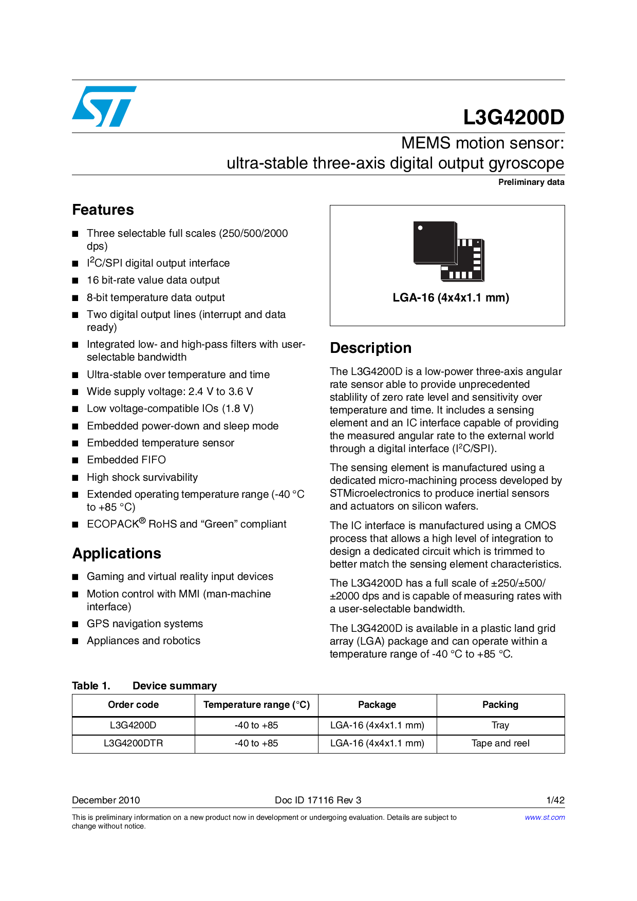 L3G4200DTR ST 意法半导体 L3G4200DTR中文资料 价格 PDF手册 立创电子商城