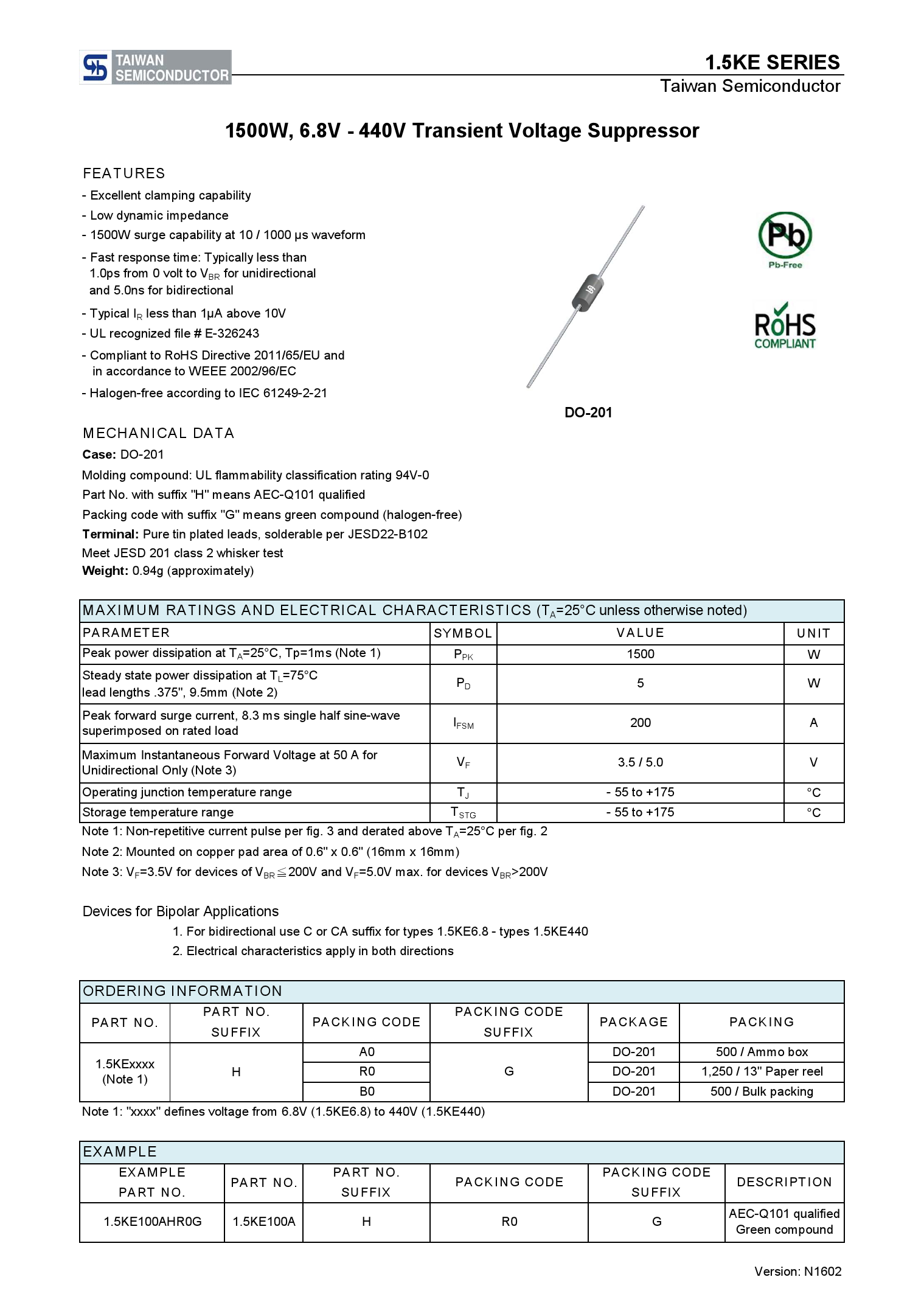 1 5KE300A R0G Taiwan Semiconductor 台湾半导体 1 5KE300A R0G中文资料 价格 PDF手册 立