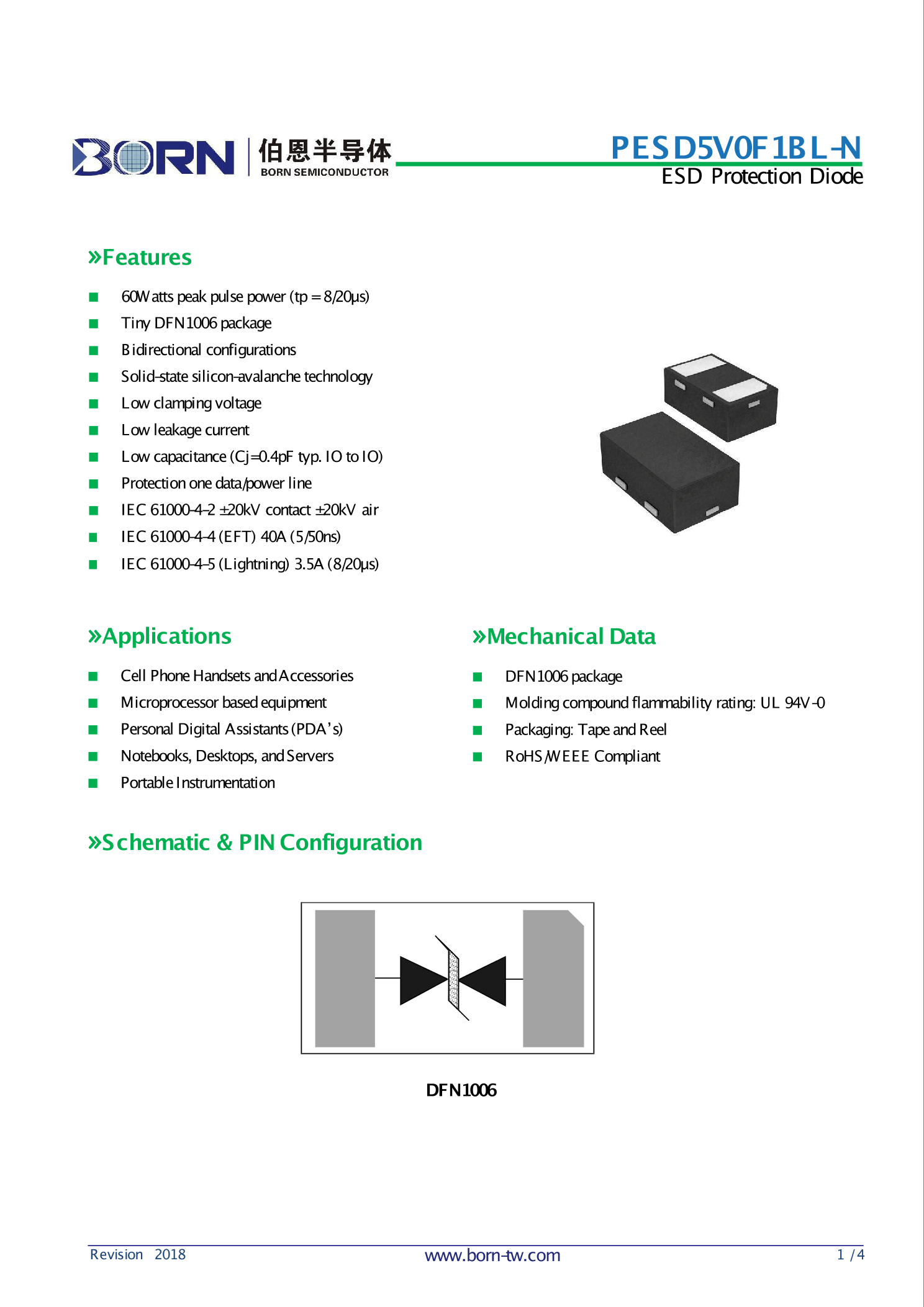 PESD5V0F1BL N BORN 伯恩半导体 PESD5V0F1BL N中文资料 价格 PDF手册 立创电子商城