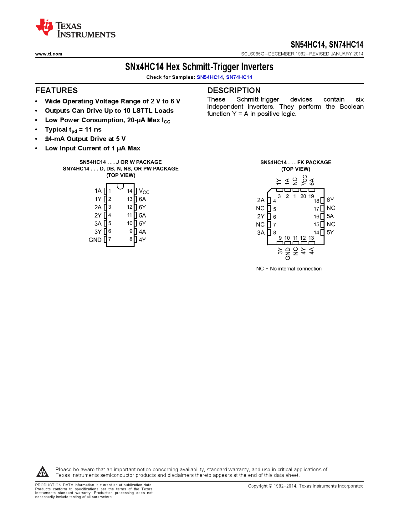 SN74HC14N_（TI(德州仪器)）SN74HC14N中文资料_价格_PDF手册-立创电子商城