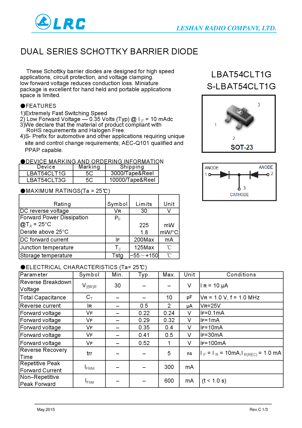 LBAT54CLT1G_（LRC(乐山无线电)）LBAT54CLT1G中文资料_价格_PDF手册-立创电子商城