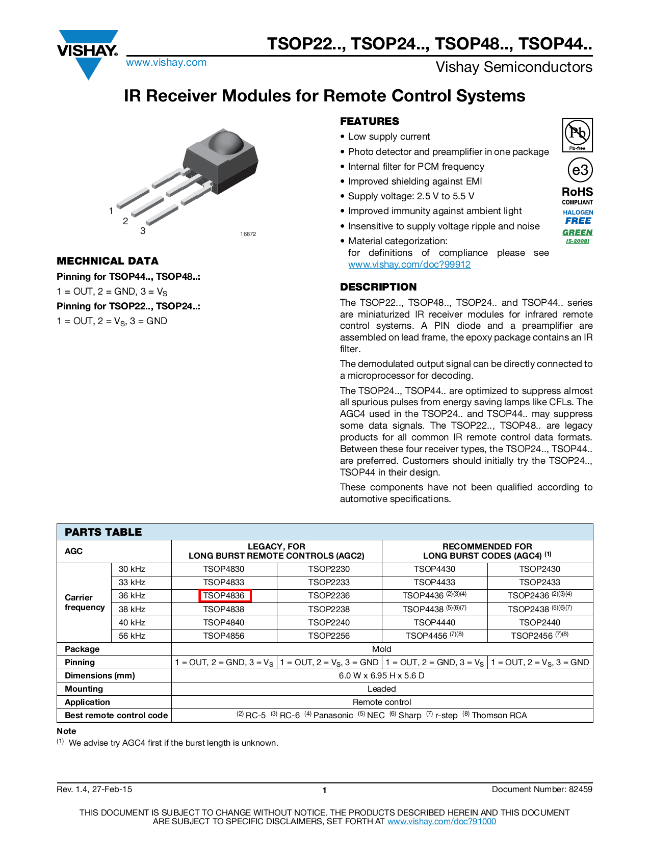 TSOP4836_（VISHAY(威世)）TSOP4836中文资料_价格_PDF手册-立创电子商城