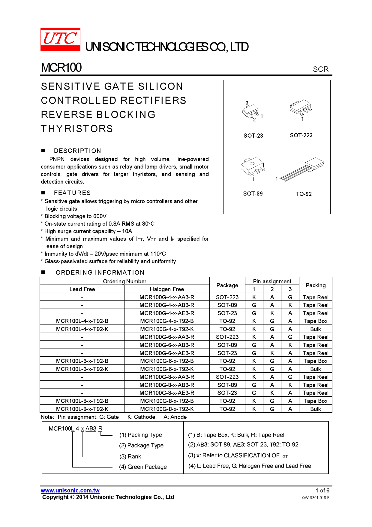 MCR100L-6-AD-T92-B_（UTC(友顺)）MCR100L-6-AD-T92-B中文资料_价格_PDF手册-立创电子商城