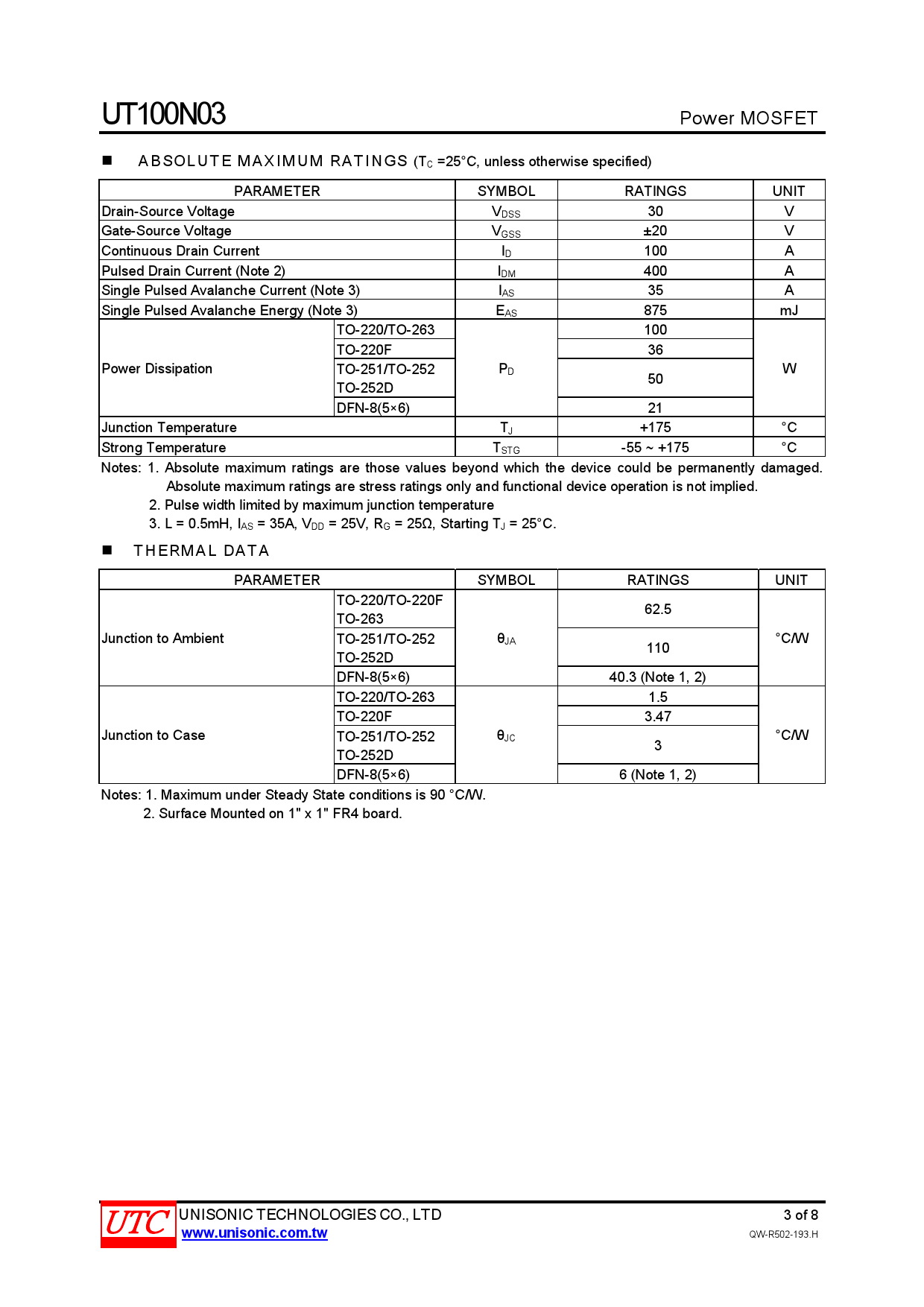 5 X UTC100N03L – MOSFET 100N03L In Contenitore TO-220 – Nuovi, Senza Marca