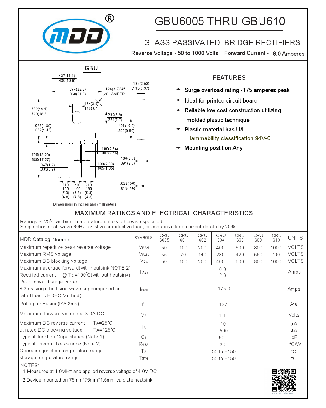 GBU608 MDDGBU608中文资料 价格 PDF手册 立创电子商城