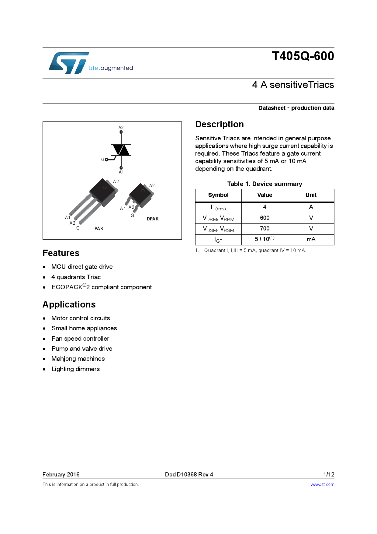 T405Q-600H_（ST(意法半导体)）T405Q-600H中文资料_价格_PDF手册-立创电子商城