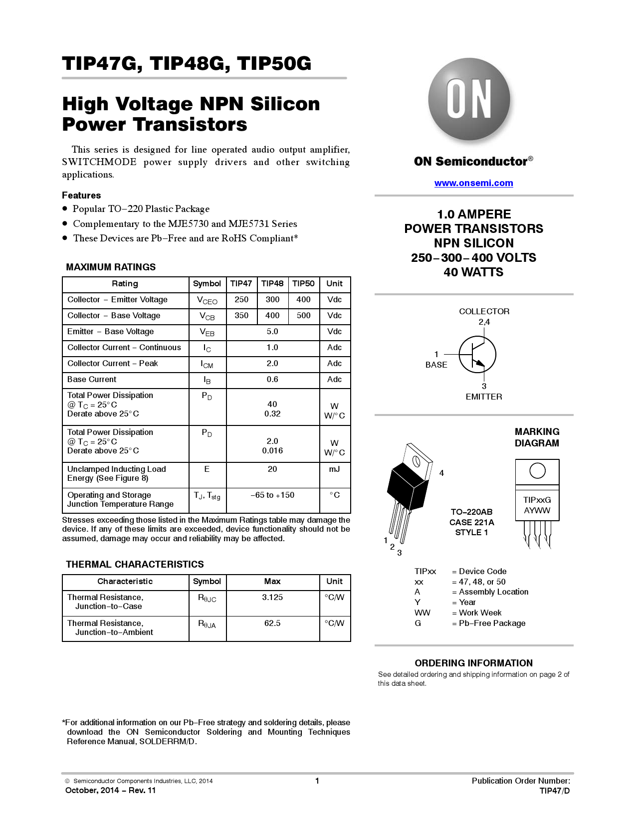 TIP50G_（onsemi(安森美)）TIP50G中文资料_价格_PDF手册立创电子商城
