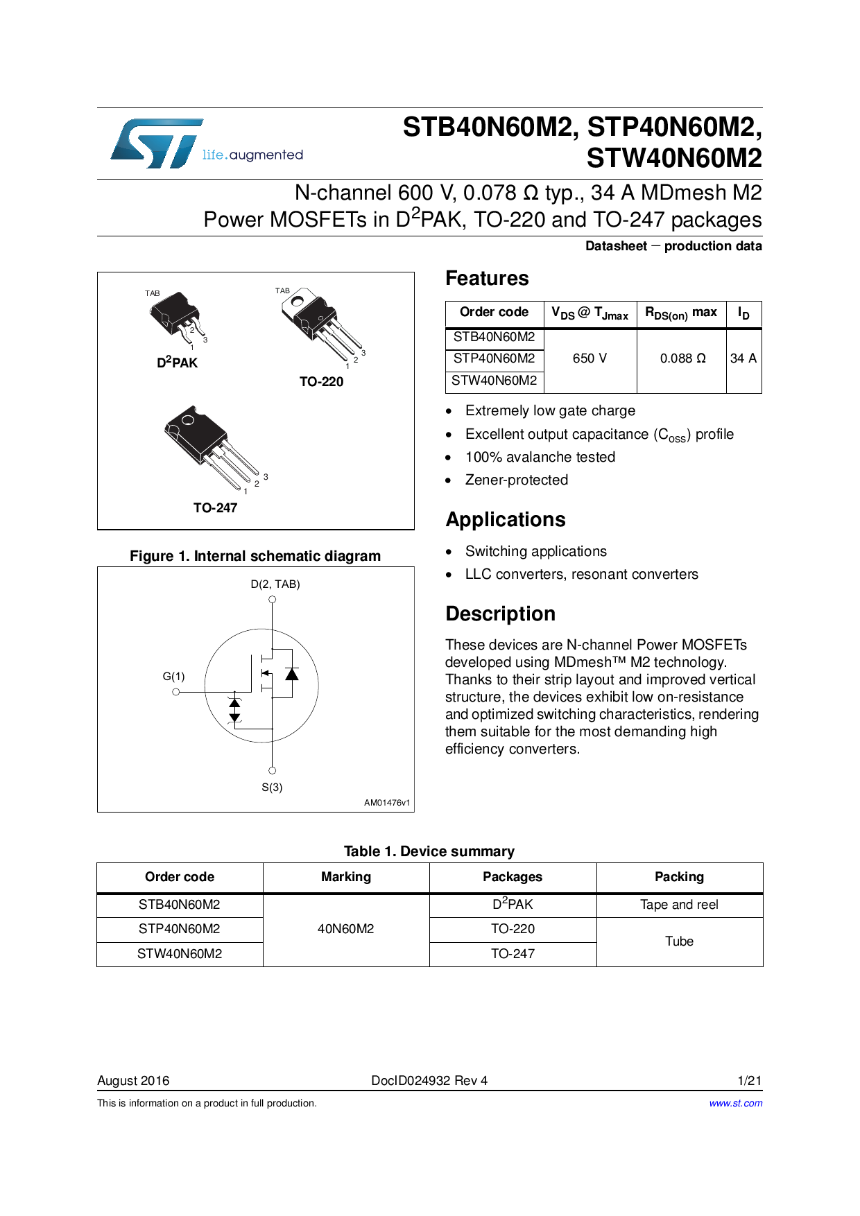 st(意法半导体)mos(场效应管)stw40n60m2采购_价格_数据手册 -立创