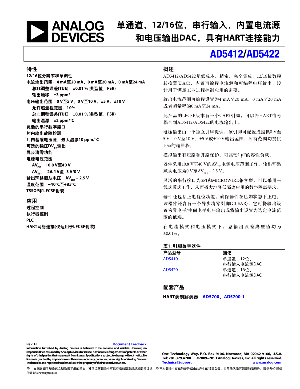 AD5422BREZ-REEL_（ADI(亚德诺)）AD5422BREZ-REEL中文资料_价格_PDF手册-立创电子商城