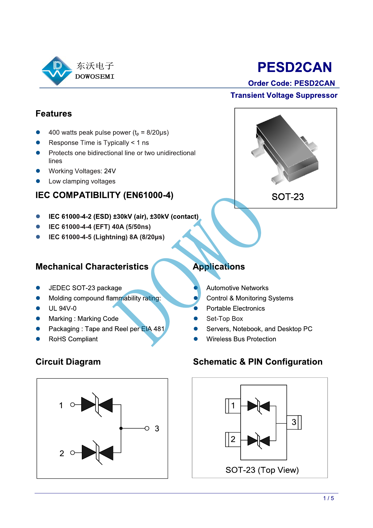 PESD2CAN_（DOWO(东沃)）PESD2CAN中文资料_价格_PDF手册-立创电子商城