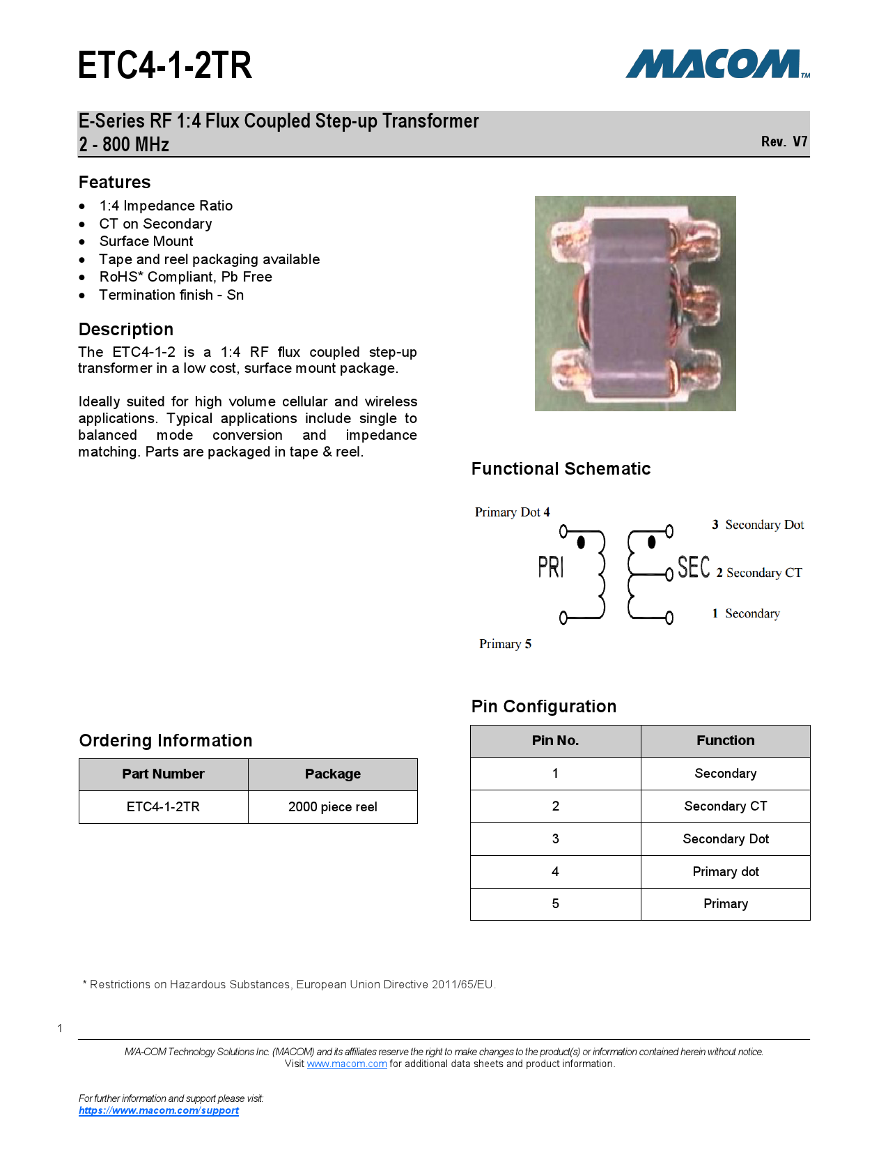 Edt125c Module ETC4-1-2TR_(MACOM)ETC4-1-2TR中文资料_价格_PDF手册-立创电子商城