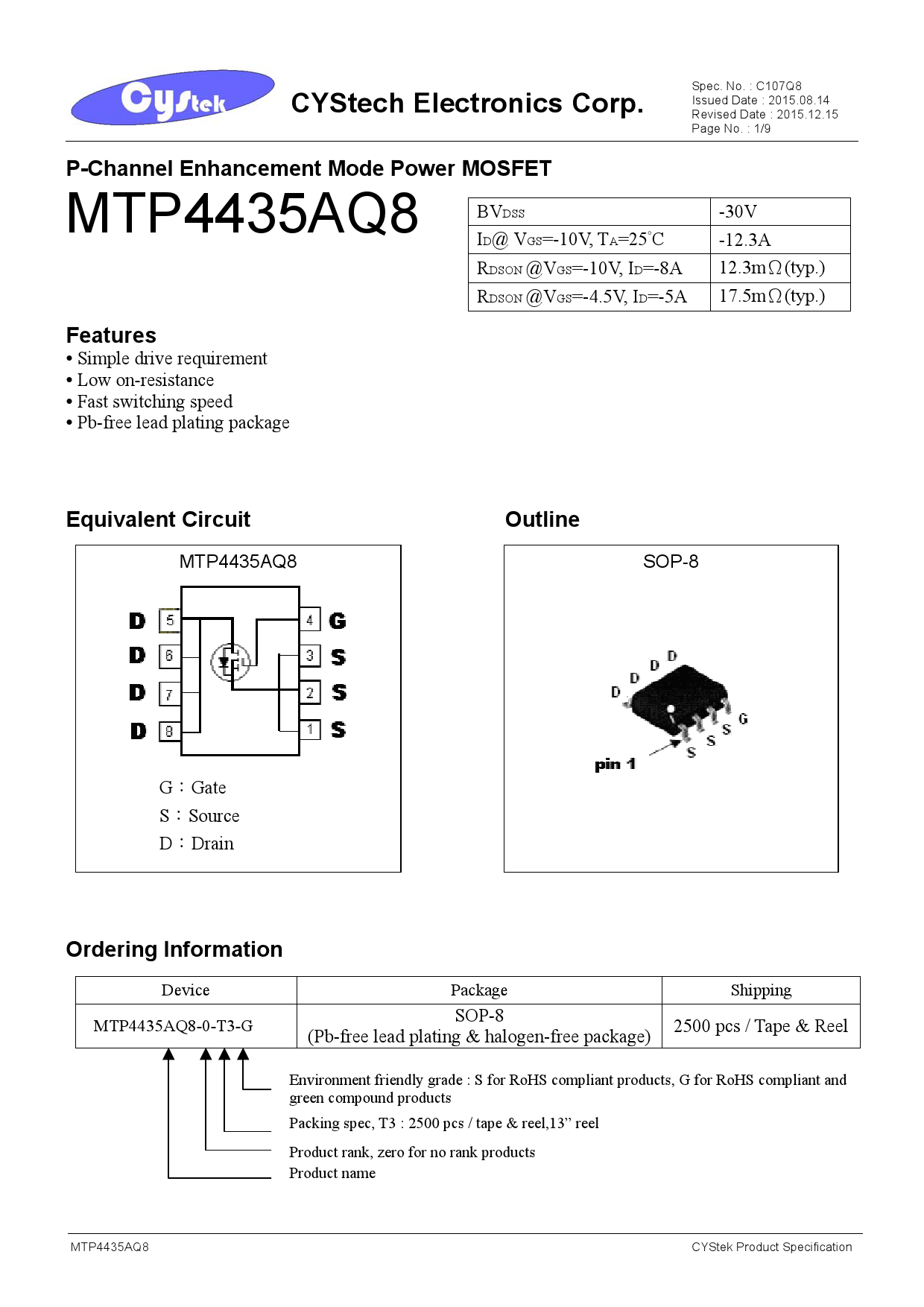 MTP4435AQ8_（CYSTECH(全宇昕)）MTP4435AQ8中文资料_价格_PDF手册-立创电子商城