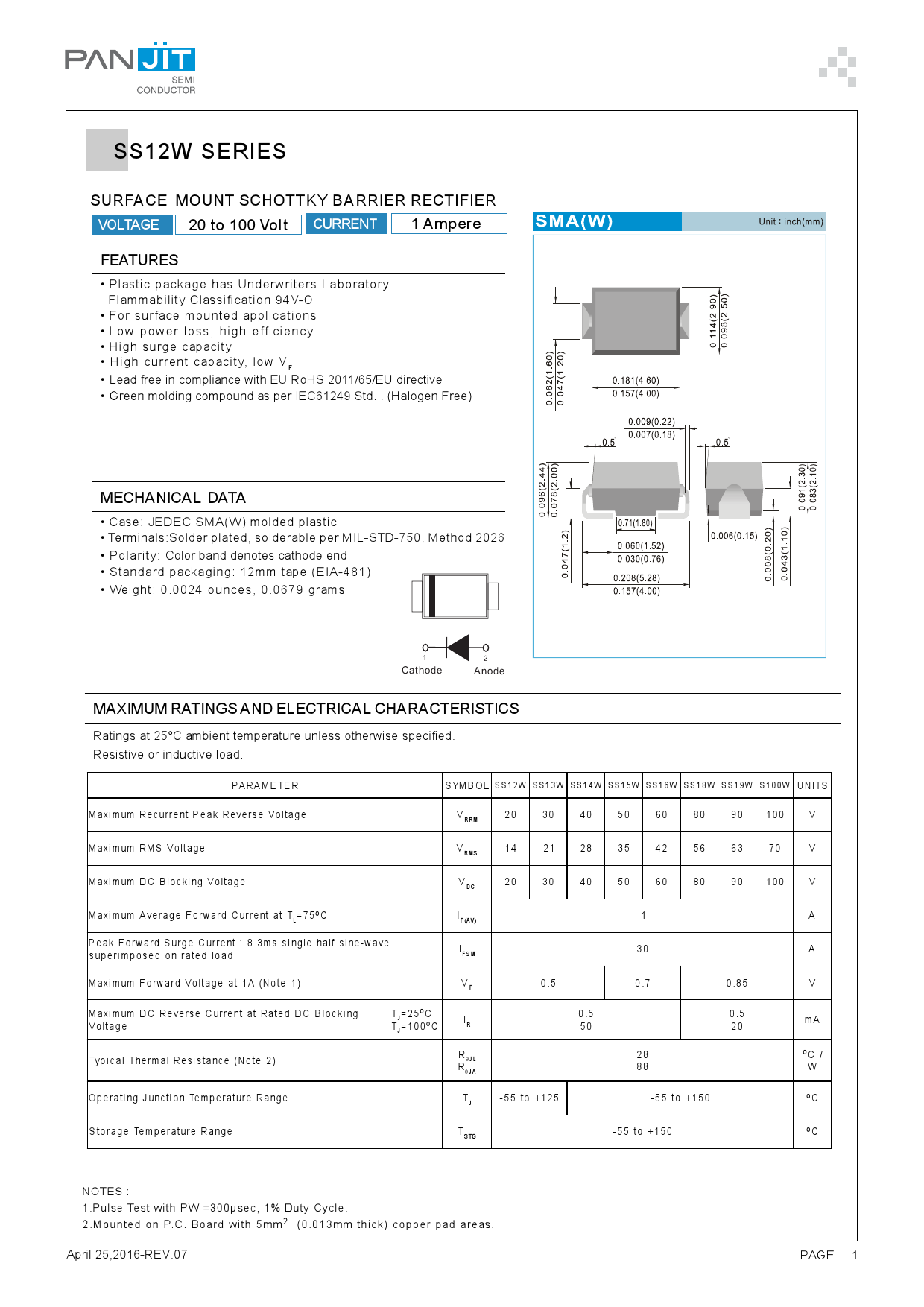 R1001 Wht S100W_R1_00001_(PANJIT(强茂))S100W_R1_00001中文资料_价格_PDF手册-立创电子商城