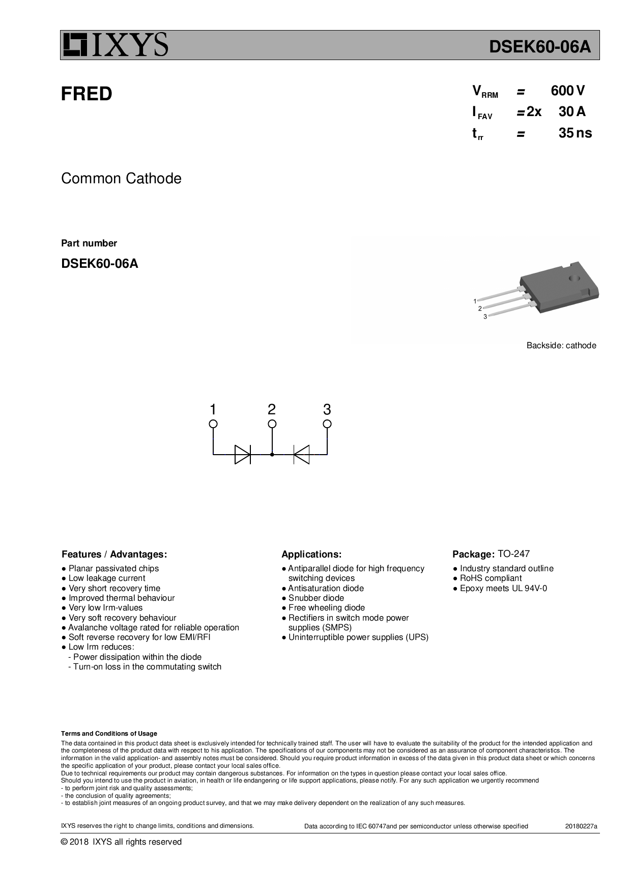 Produktbild von IXYS DSEK60-06A – Gleichrichter 600V, 2x30A, Diode, Sperrstrom 100µA, 320A Spitze