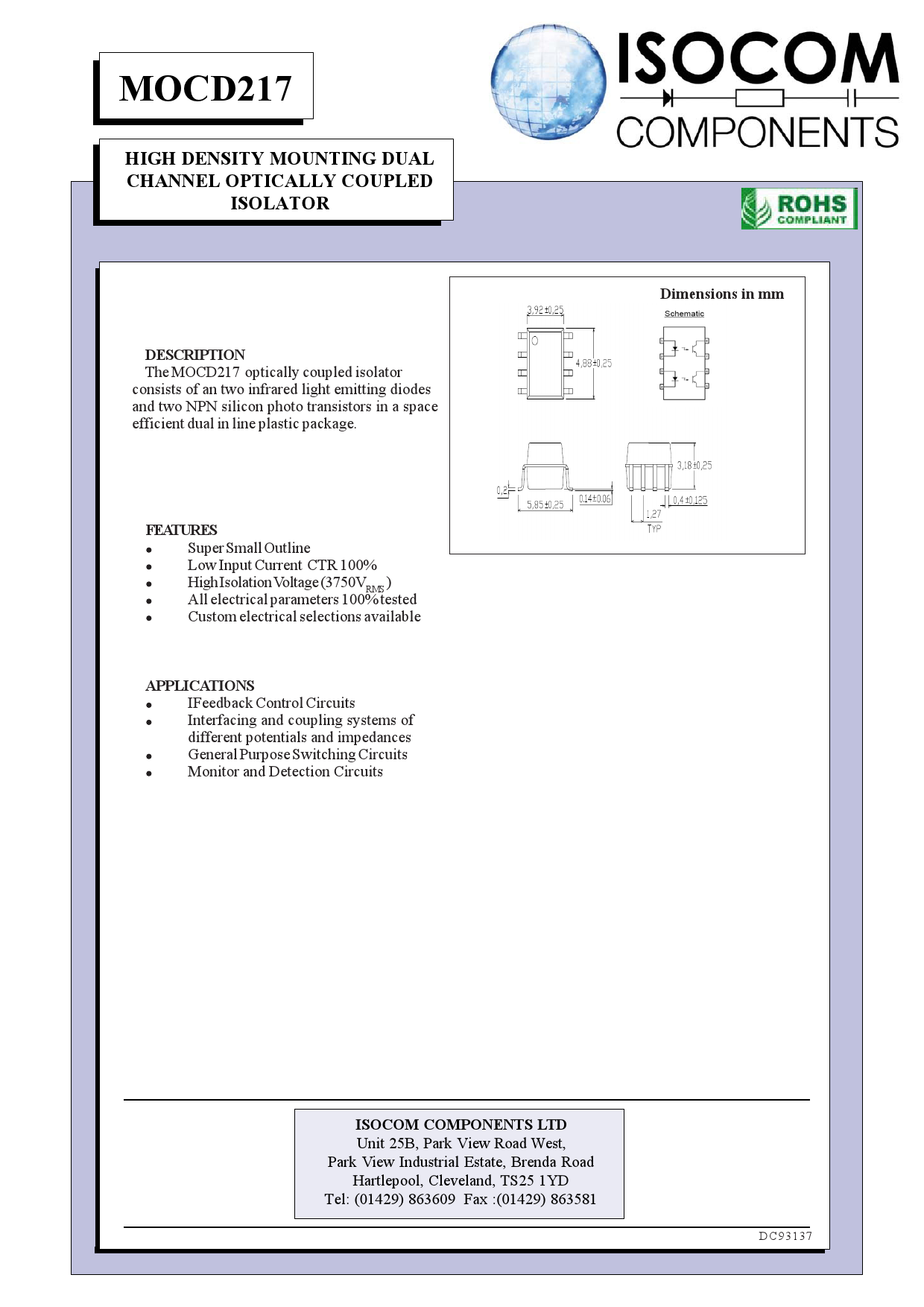MOCD217_（ISOCOM(英国安数光)）MOCD217中文资料_价格_PDF手册-立创电子商城
