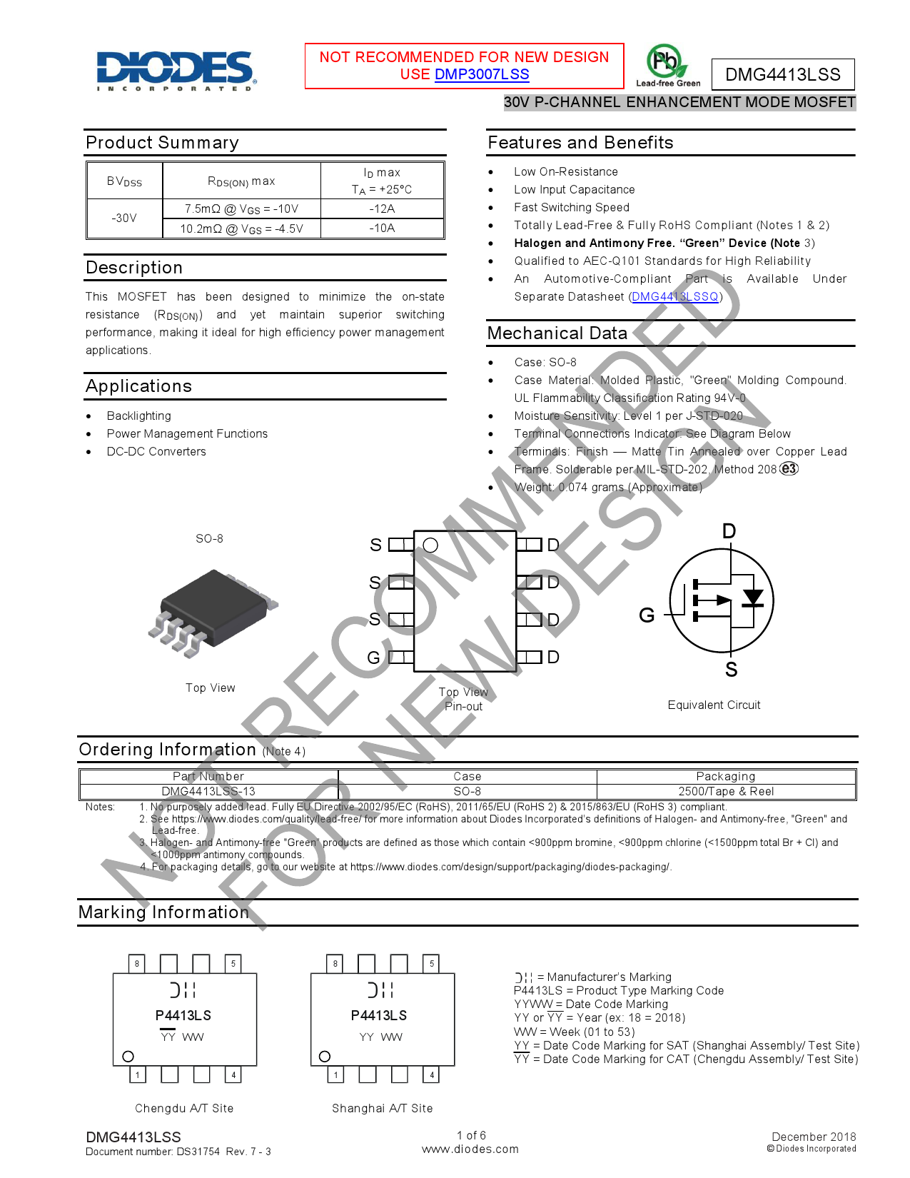 5 Pièces DMG4413LSS-13 MOSFET SO-8 - Pour électronique, Neuf Sous Emballage