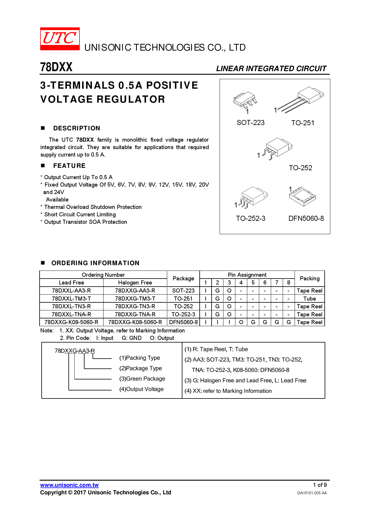 78D05G-AA3-R_（UTC(友顺)）78D05G-AA3-R中文资料_价格_PDF手册-立创电子商城