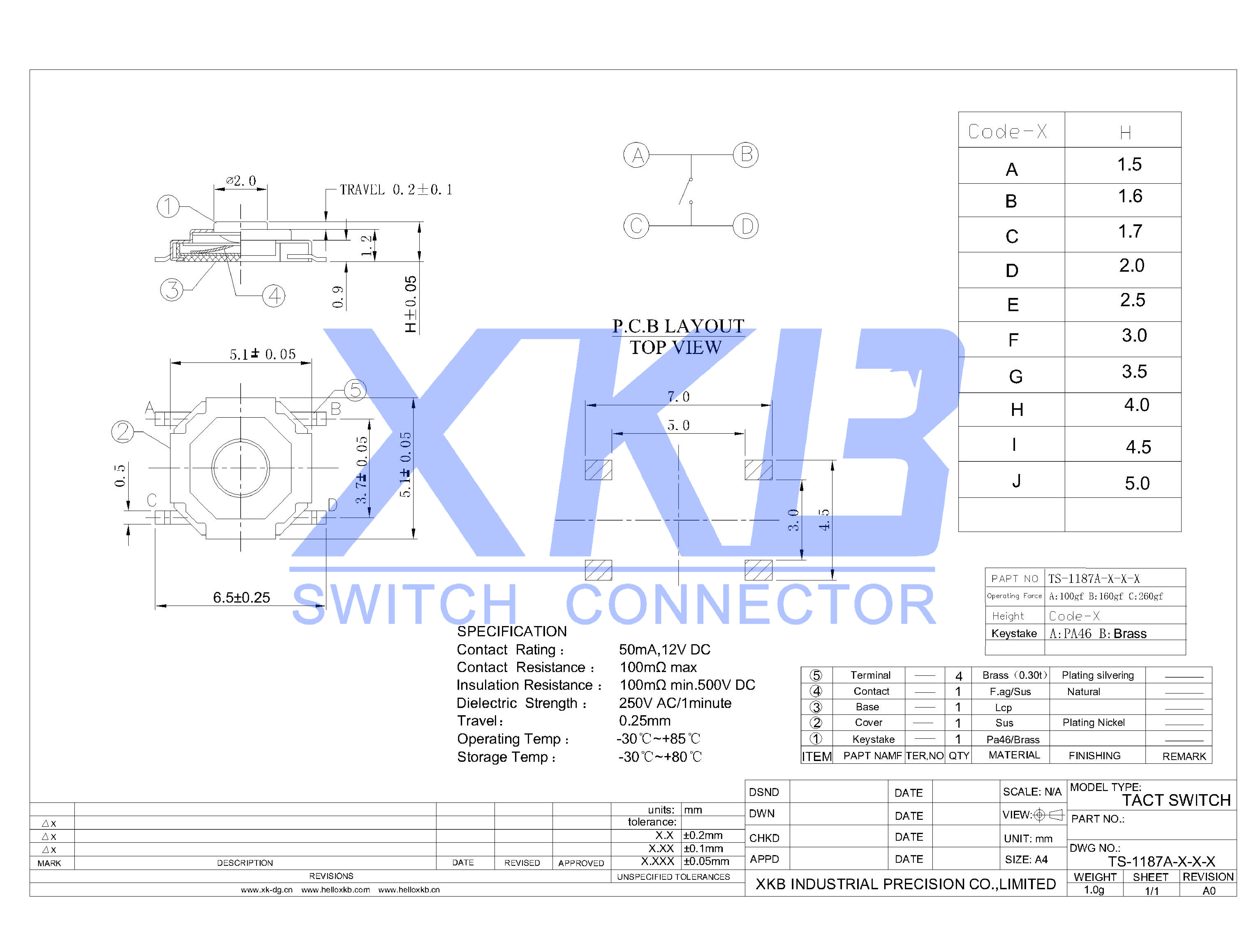 TS-1187A-B-A-B_（XKB Connectivity(中国星坤)）TS-1187A-B-A-B中文资料_价格_PDF手册-立创电子商城