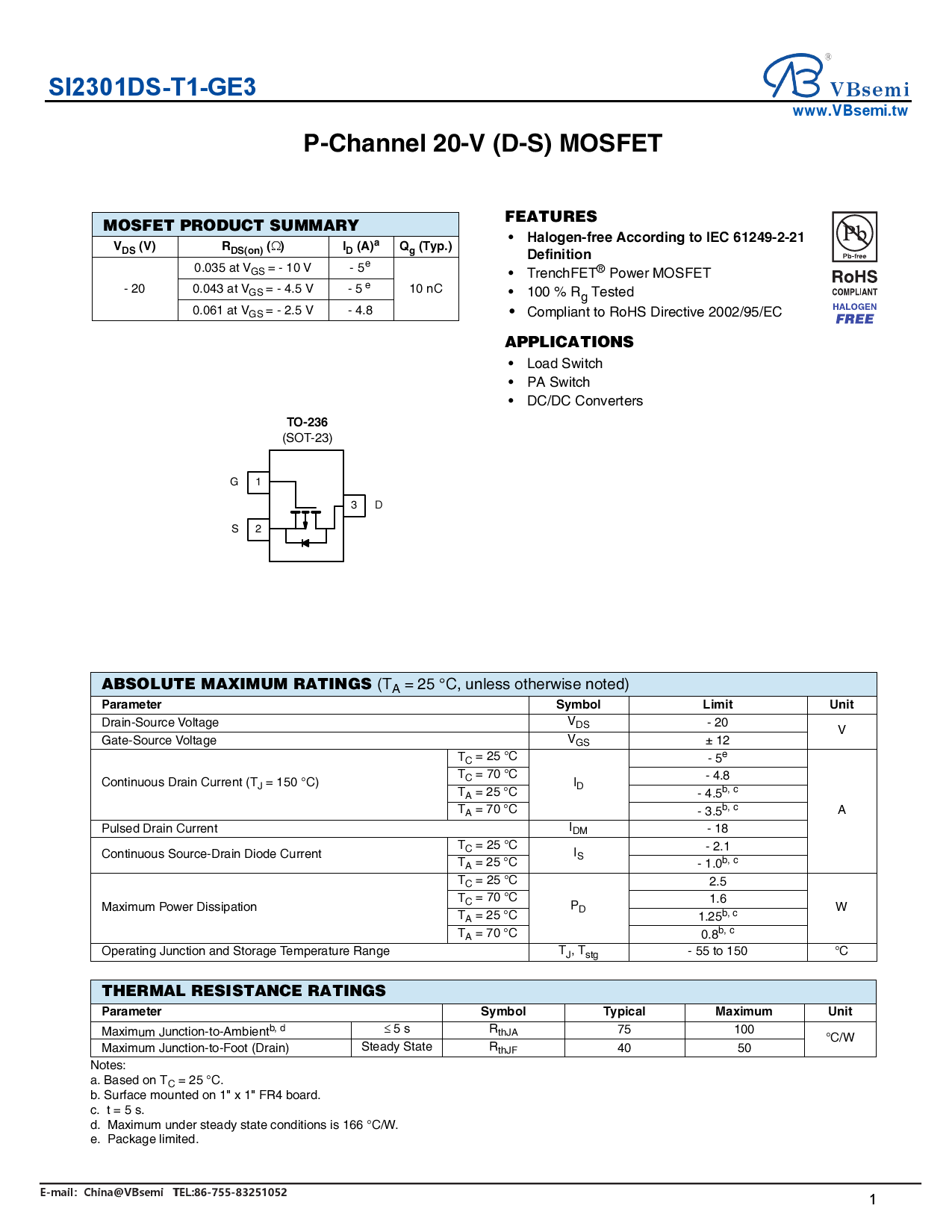 SI2301DS-T1-GE3_（VBsemi(台湾微碧)）SI2301DS-T1-GE3中文资料_价格_PDF手册-立创电子商城