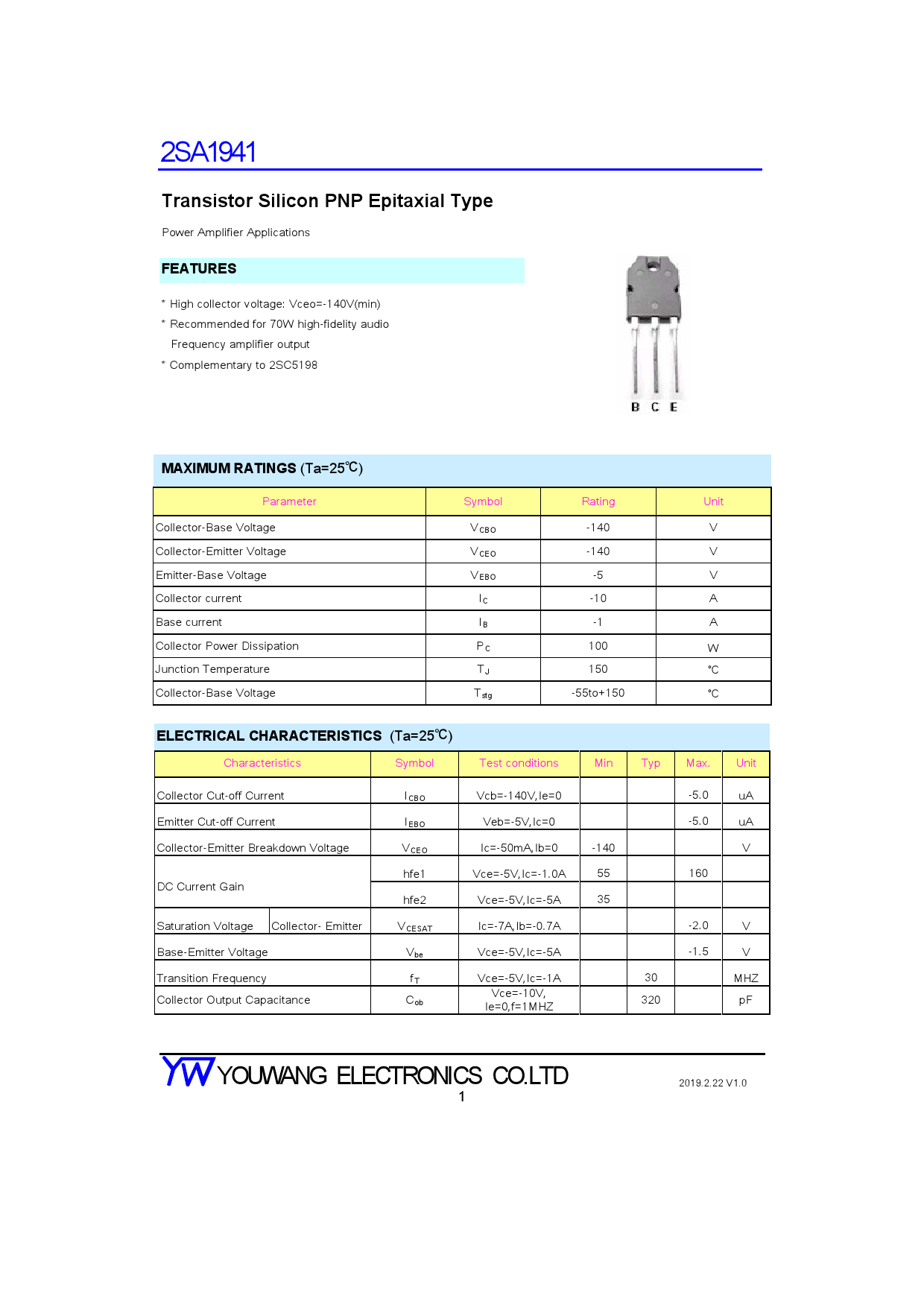 2sa1941_(yw(友旺))2sa1941中文资料_价格_pdf手册-立创电子商城