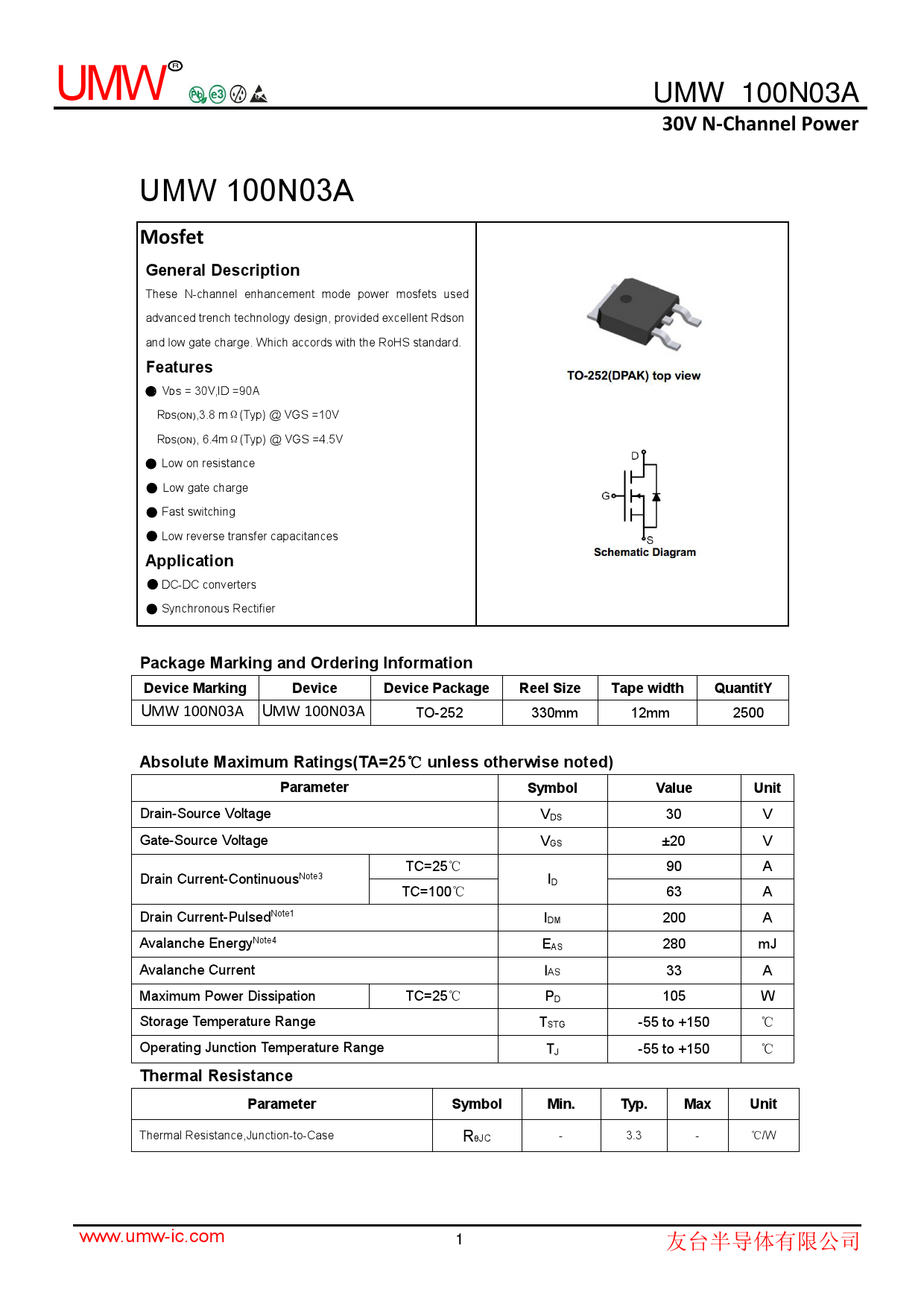 100N03A_（UMW(友台半导体)）100N03A中文资料_价格_PDF手册-立创电子商城