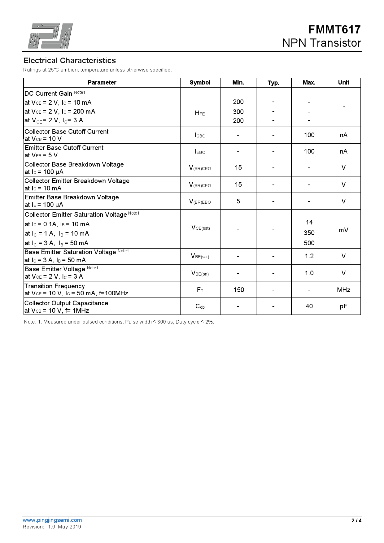 FMMT617_（PJSEMI(平晶微)）FMMT617中文资料_价格_PDF手册-立创电子商城