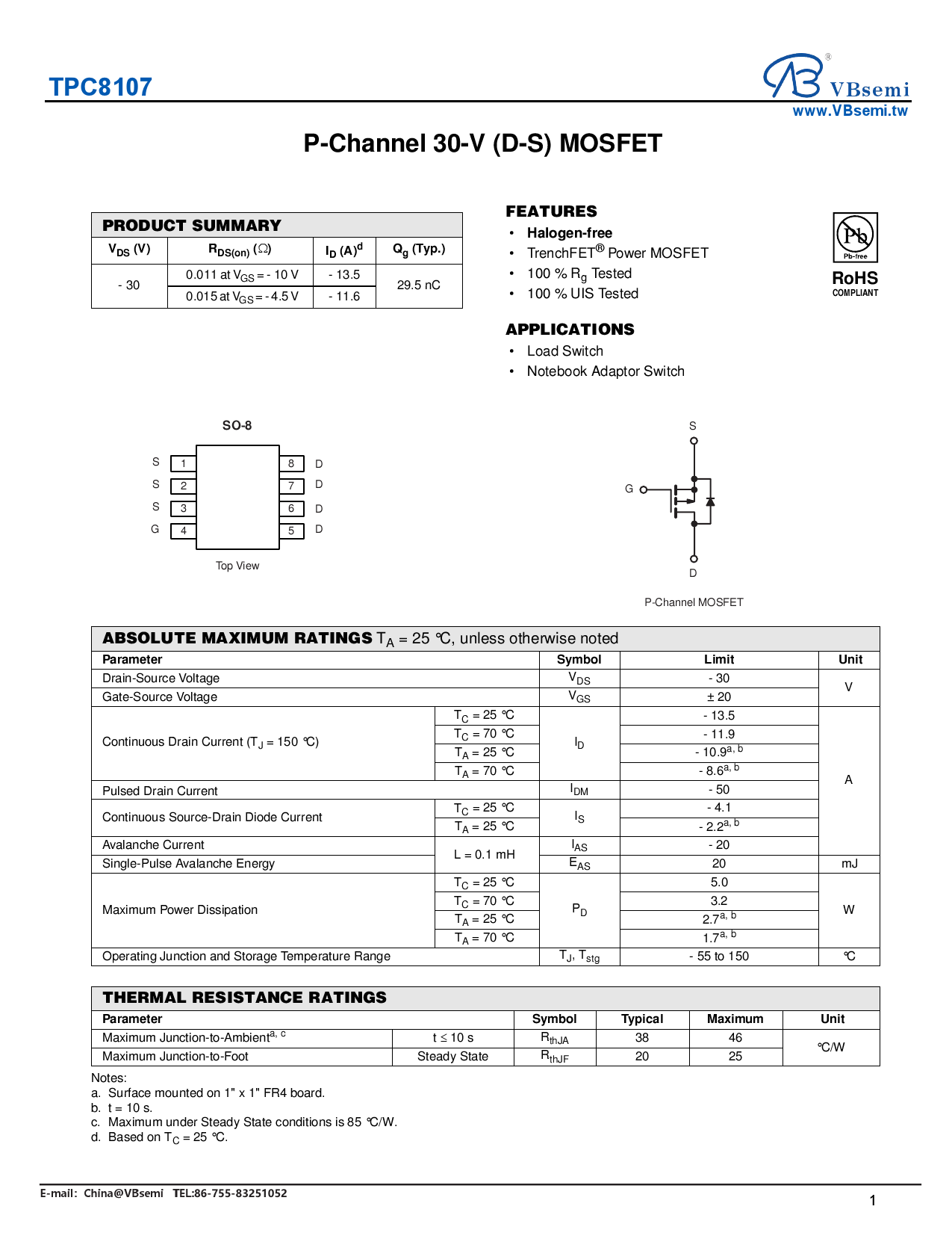 TPC8107_（VBsemi(台湾微碧)）TPC8107中文资料_价格_PDF手册-立创电子商城