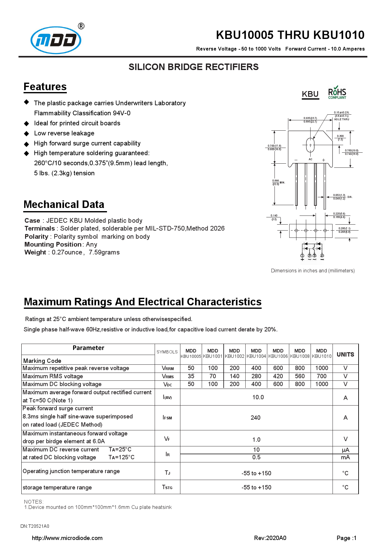 KBU1010_（MDD）KBU1010中文资料_价格_PDF手册-立创电子商城