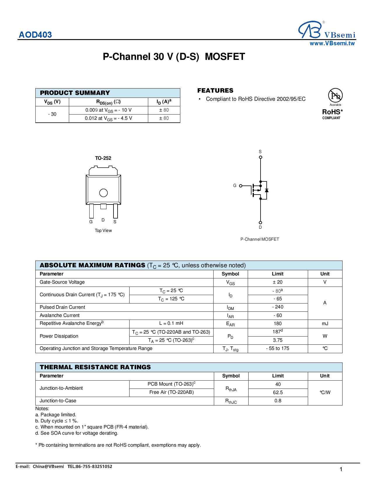 AOD403_（VBsemi(台湾微碧)）AOD403中文资料_价格_PDF手册-立创电子商城
