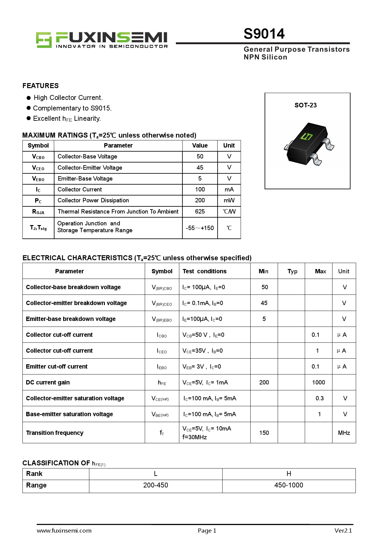 S9014_（FUXINSEMI(富芯森美)）S9014中文资料_价格_PDF手册-立创电子商城
