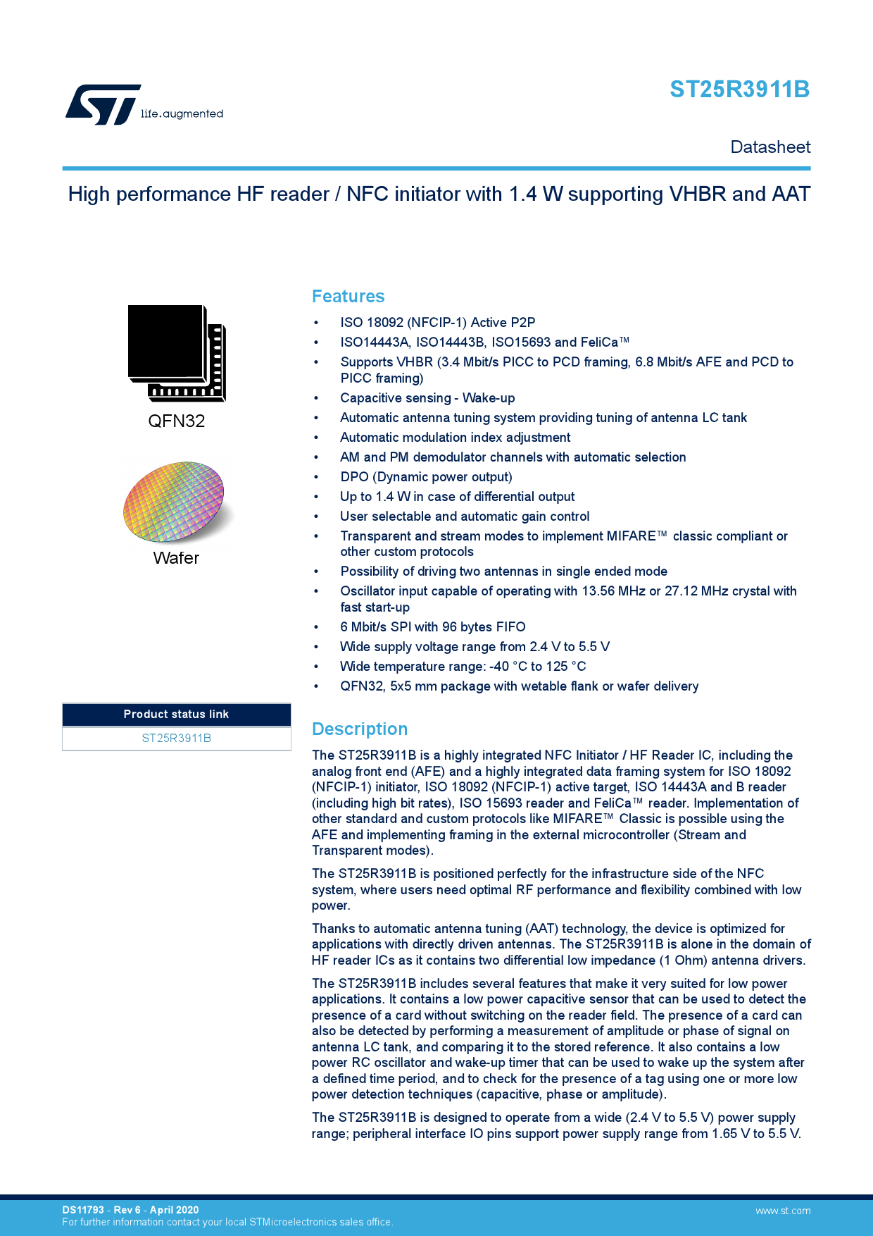 ST25R3911B-AQFT_（ST(意法半导体)）ST25R3911B-AQFT中文资料_价格_PDF手册-立创电子商城