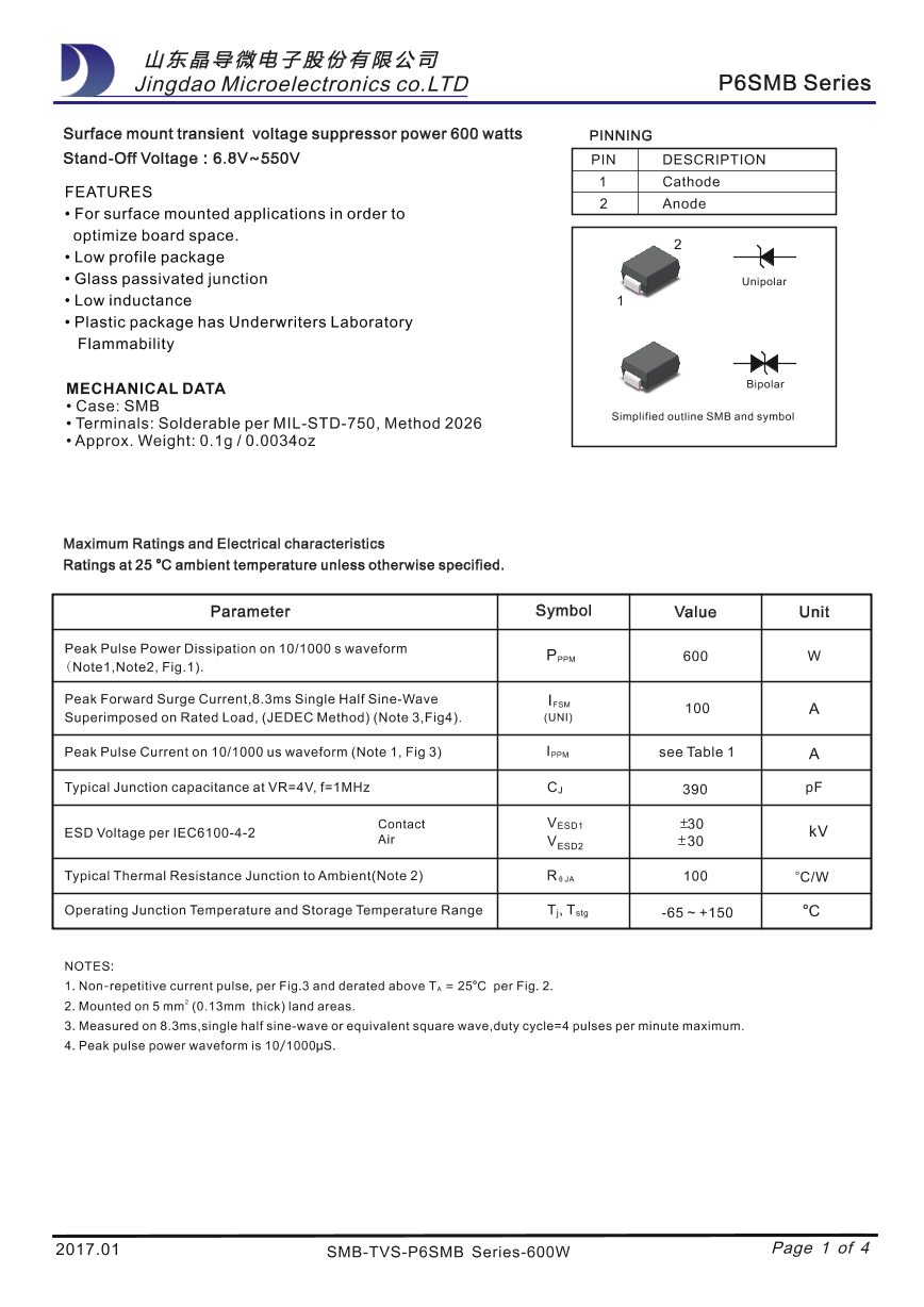 P6SMB6.8CA_（晶导微电子）P6SMB6.8CA中文资料_价格_PDF手册-立创电子商城