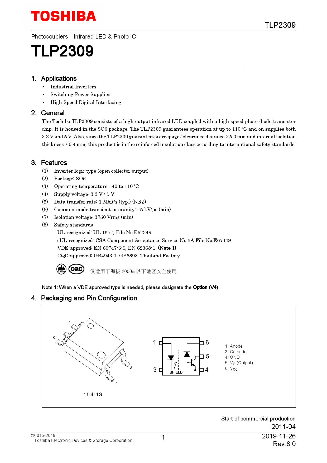 3 Pezzi TLP2361(V4-TPL,E Optoaccoppiatore 3.75kV SO6-5 - Chip Gate Per Circuiti Elettronici