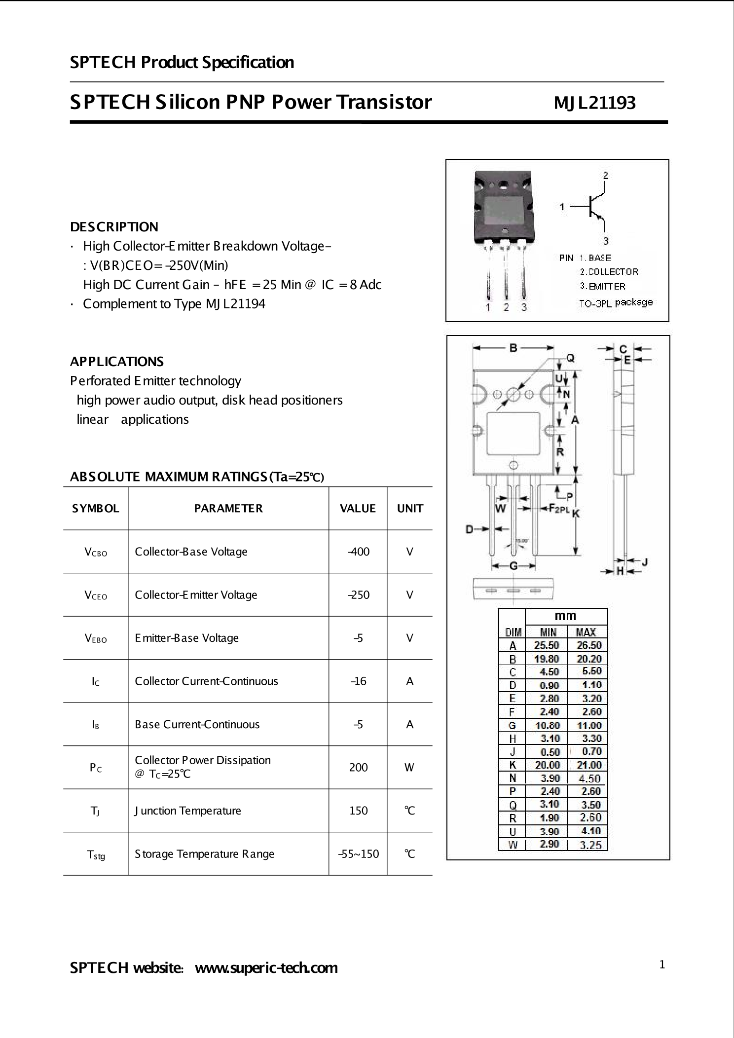 MJL21193_（SPTECH(深圳质超)）MJL21193中文资料_价格_PDF手册-立创电子商城