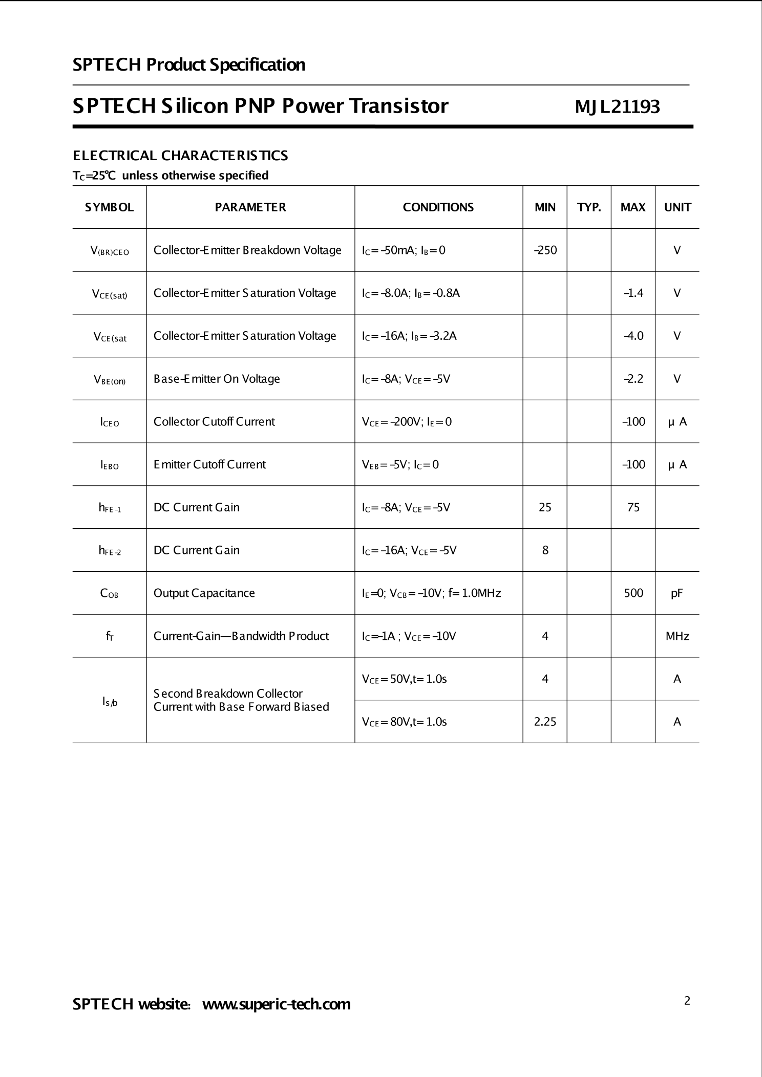 MJL21193_（SPTECH(深圳质超)）MJL21193中文资料_价格_PDF手册-立创电子商城