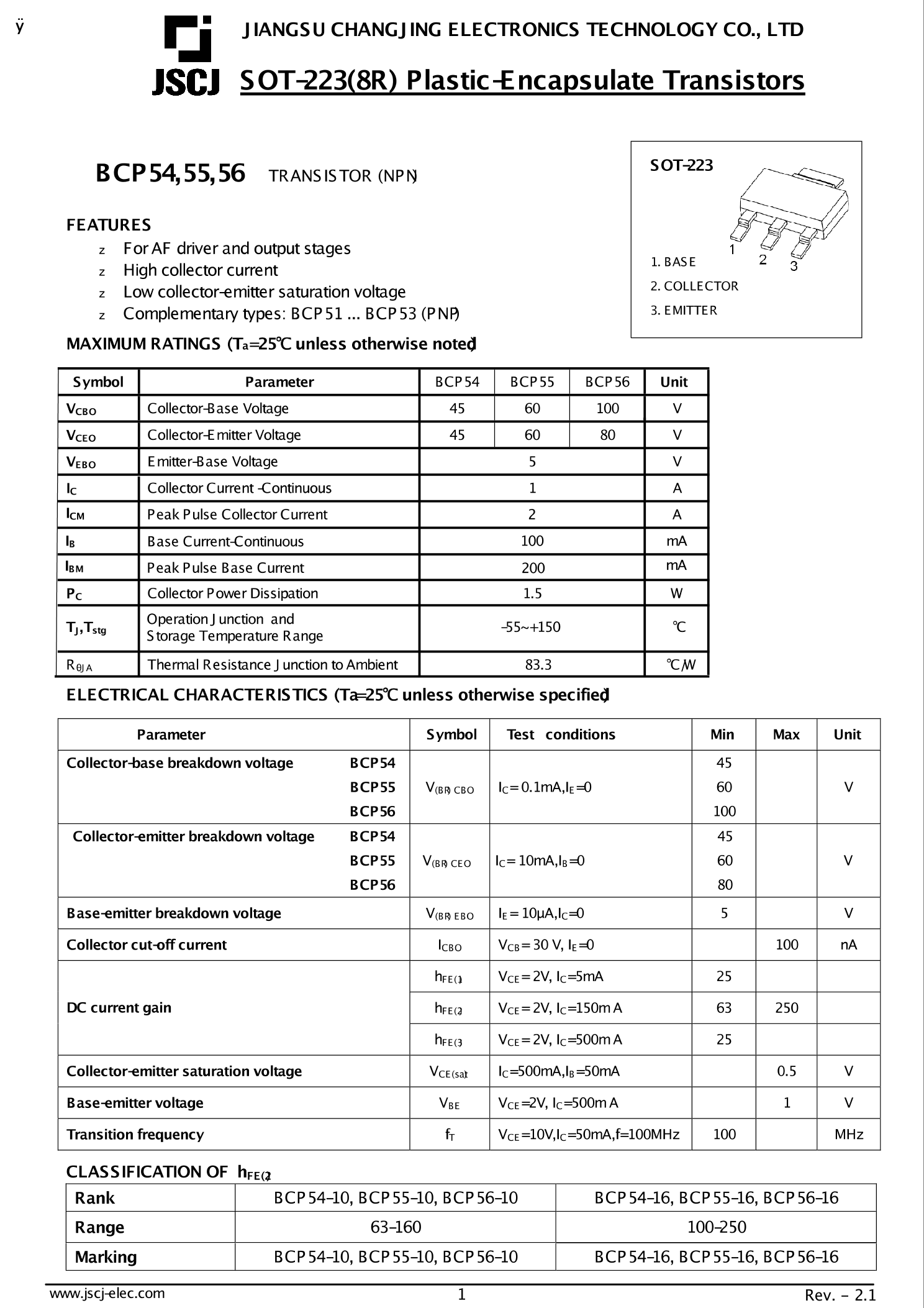 BCP54-16_（CJ(江苏长电/长晶)）BCP54-16中文资料_价格_PDF手册-立创电子商城