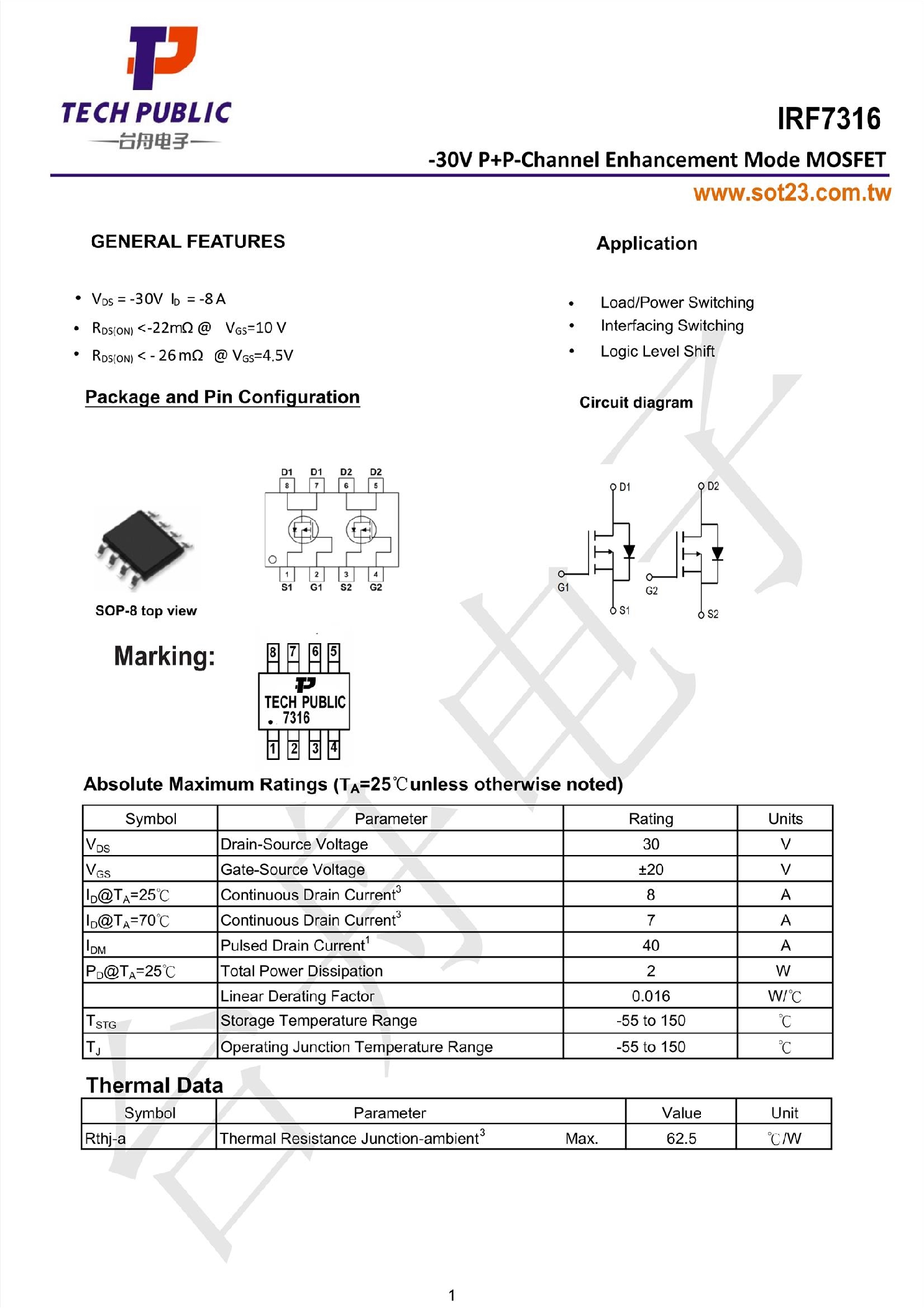 IRF7316_（TECH PUBLIC(台舟)）IRF7316中文资料_价格_PDF手册-立创电子商城