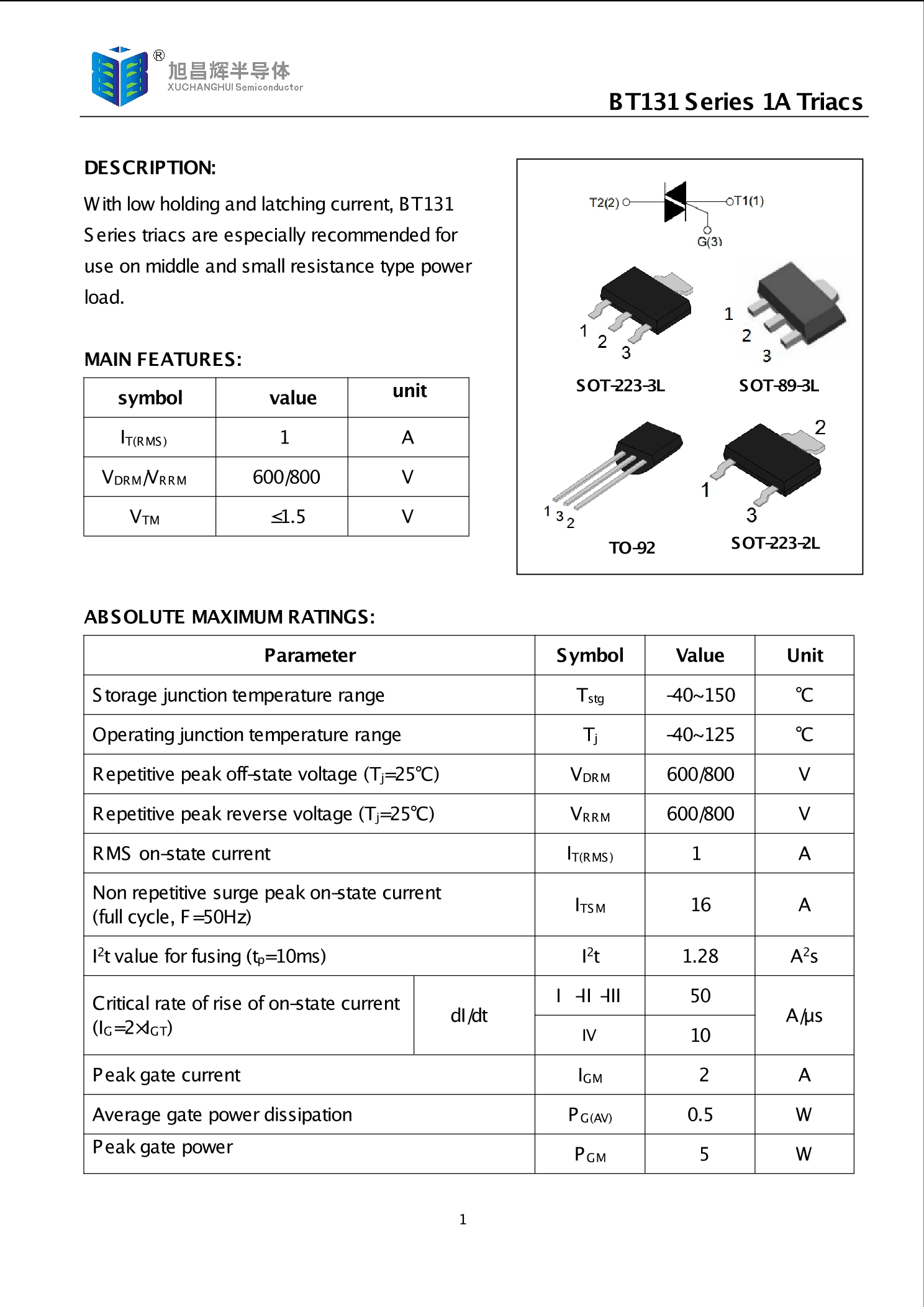 BT131-800D_（XCH(旭昌辉)）BT131-800D中文资料_价格_PDF手册-立创电子商城
