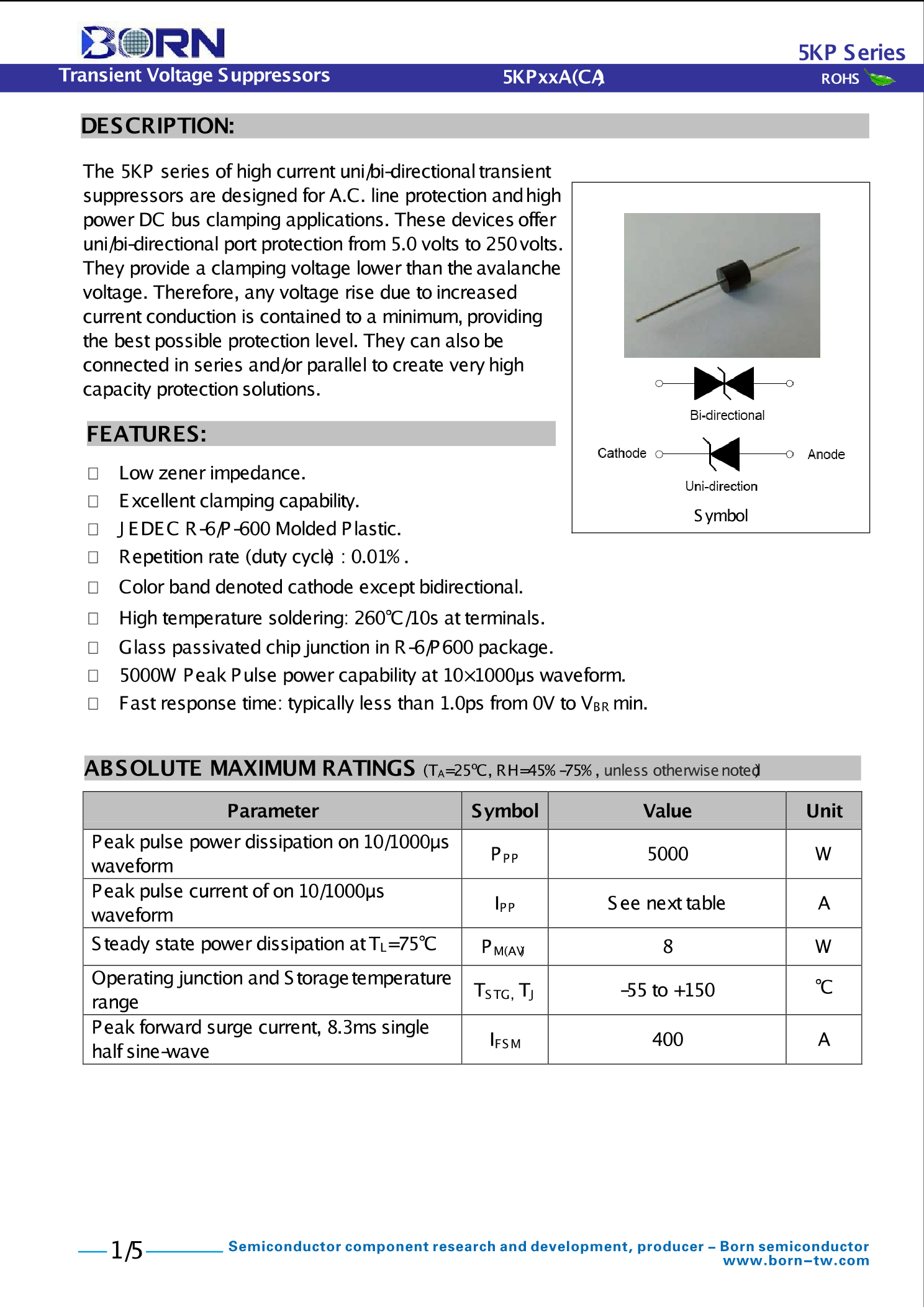 5KP30A_（BORN(伯恩半导体)）5KP30A中文资料_价格_PDF手册-立创电子商城