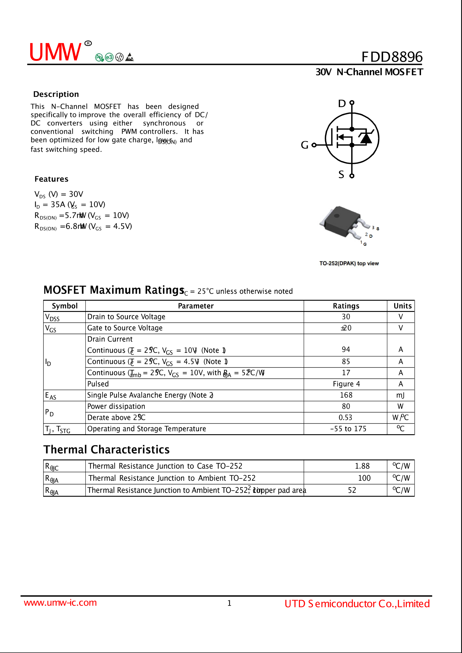 FDD8896_（UMW(广东友台半导体)）FDD8896中文资料_价格_PDF手册-立创电子商城
