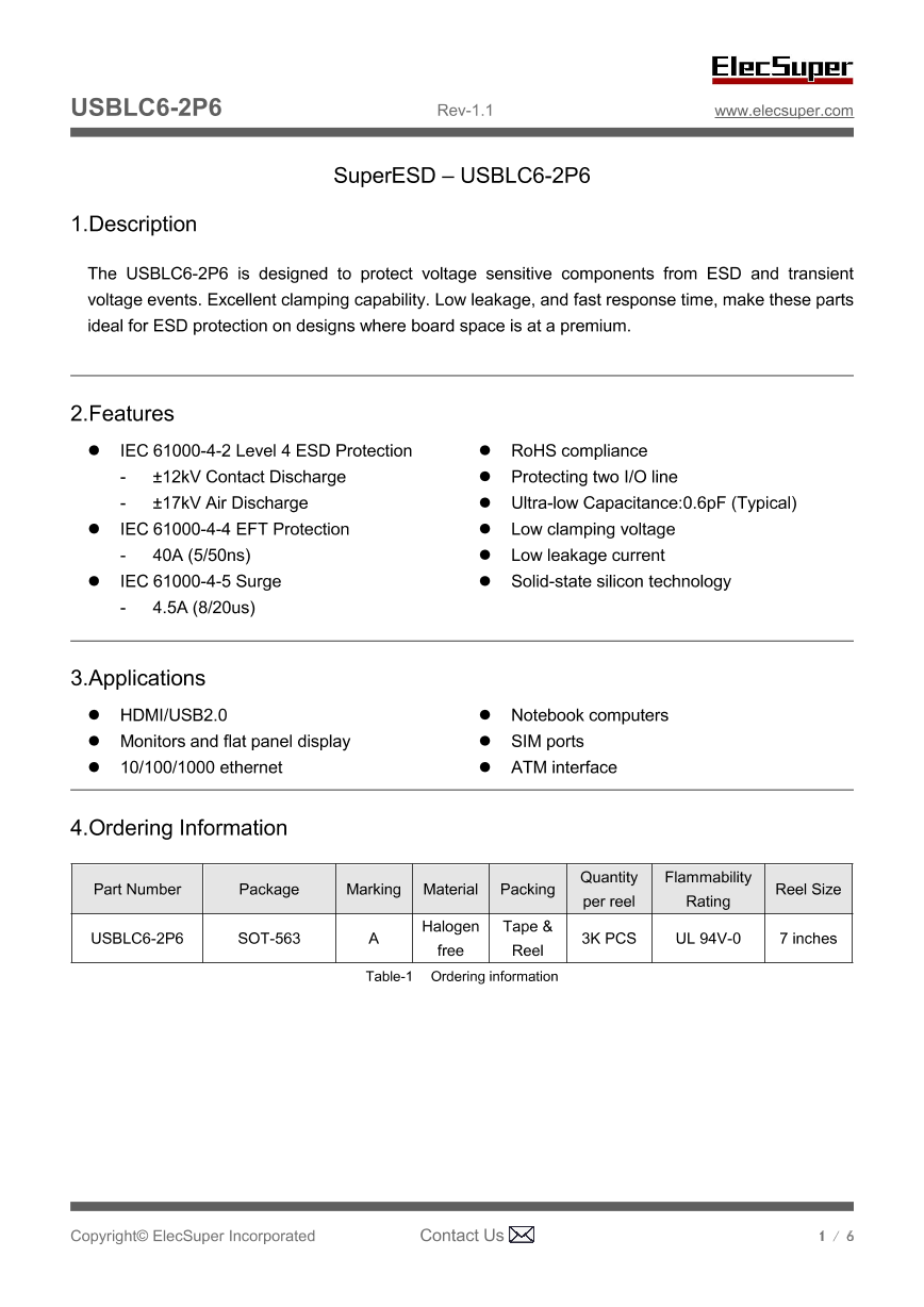 USBLC6-2P6-ES_（ElecSuper(静芯微））USBLC6-2P6-ES中文资料_价格_PDF手册-立创电子商城