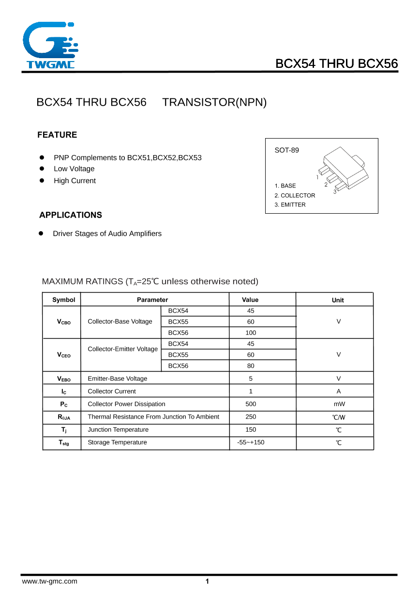 BCX56-16_（TWGMC(台湾迪嘉)）BCX56-16中文资料_价格_PDF手册-立创电子商城