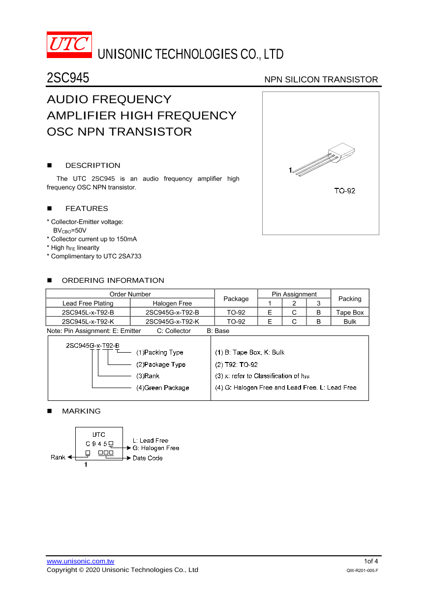 2SC945G-Q-T92-B_（UTC(友顺)）2SC945G-Q-T92-B中文资料_价格_PDF手册-立创电子商城