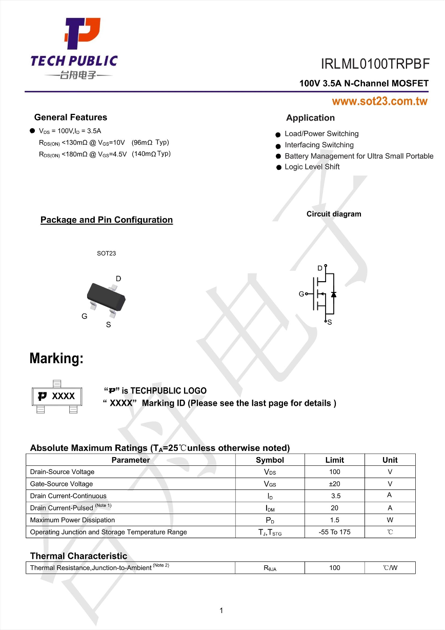 IRLML0100TRPBF_（TECH PUBLIC(台舟)）IRLML0100TRPBF中文资料_价格_PDF手册-立创电子商城
