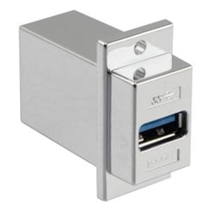 USB3.0转接头/耦合器,ECF法兰式接线板安装,A型母头/B型母头,镀铬屏蔽层ABS外壳,银色