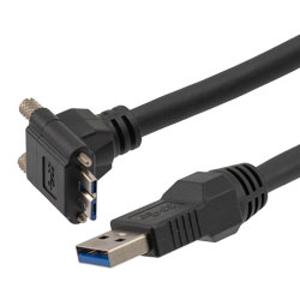 高柔性拖链级USB3.0线缆组件,A型公头至直角上出线Micro-B型公头,带机器视觉锁紧螺丝, VW-1阻燃等级PVC护套,黑色,2米