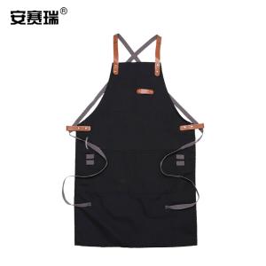 安赛瑞 防污帆布围裙 多口袋耐磨背带围腰 餐厅厨房咖啡奶茶店男女工作服 黑色 300670