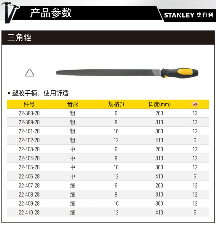 STANLEY(史丹利)，中齿三角锉刀钢锉金属矬子打磨工具木工搓刀6英寸，22 